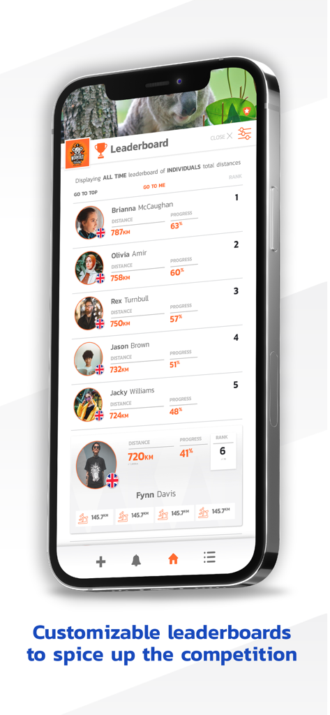 My Virtual Mission app leaderboard showing rankings and distance progress for users