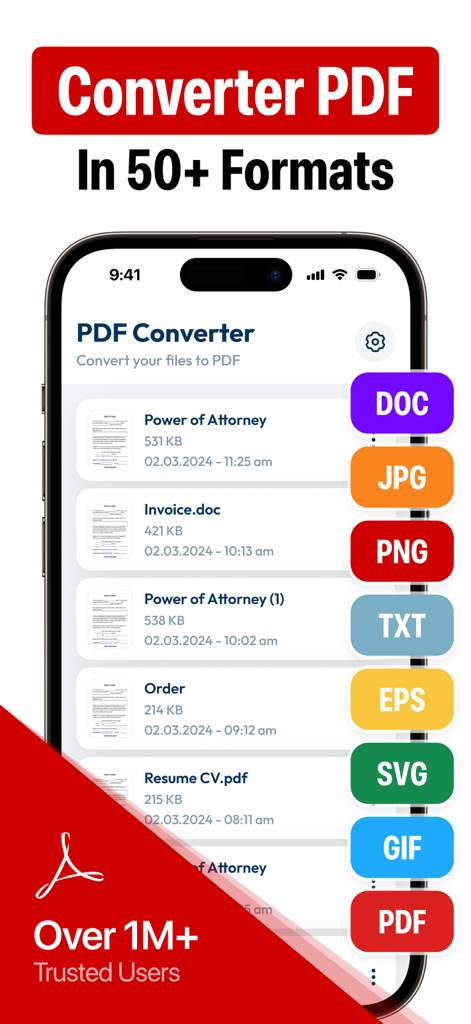 PDF Converter: Convert・Scanner - PDF Converter mobile app interface showing a list of documents and various supported file formats like DOC JPG and PNG