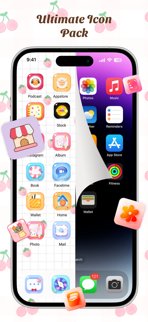 A comparison between a standard iPhone home screen and a customized aesthetic theme with cherry icons