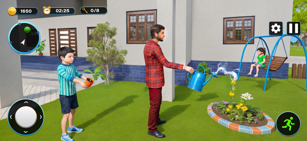 Single Dad Games Happy Family - A virtual single dad watering flowers in the backyard with his children