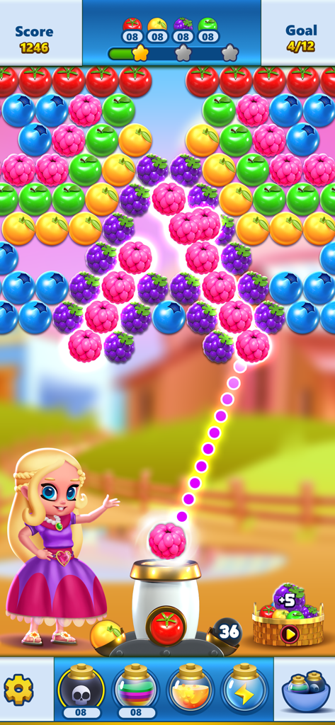In-game screenshot of Bubble Shooter Princess Pop showing princess character Triss and fruit-themed bubble matching mechanics.