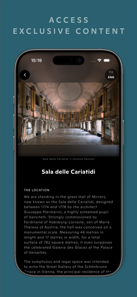 Marsilio Arte - Marsilio Arte app screen showing historical details and a photo of the Sala delle Cariatidi.