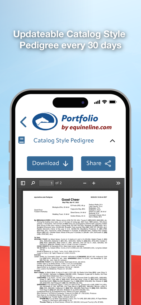 A detailed horse catalog style pedigree displayed on the Equineline Portfolio app screen