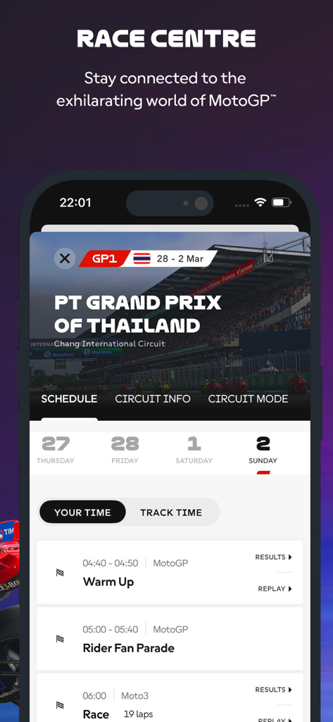 Offizielle MotoGP-App Race Centre-Oberfläche mit dem Zeitplan für den Grand Prix von Thailand