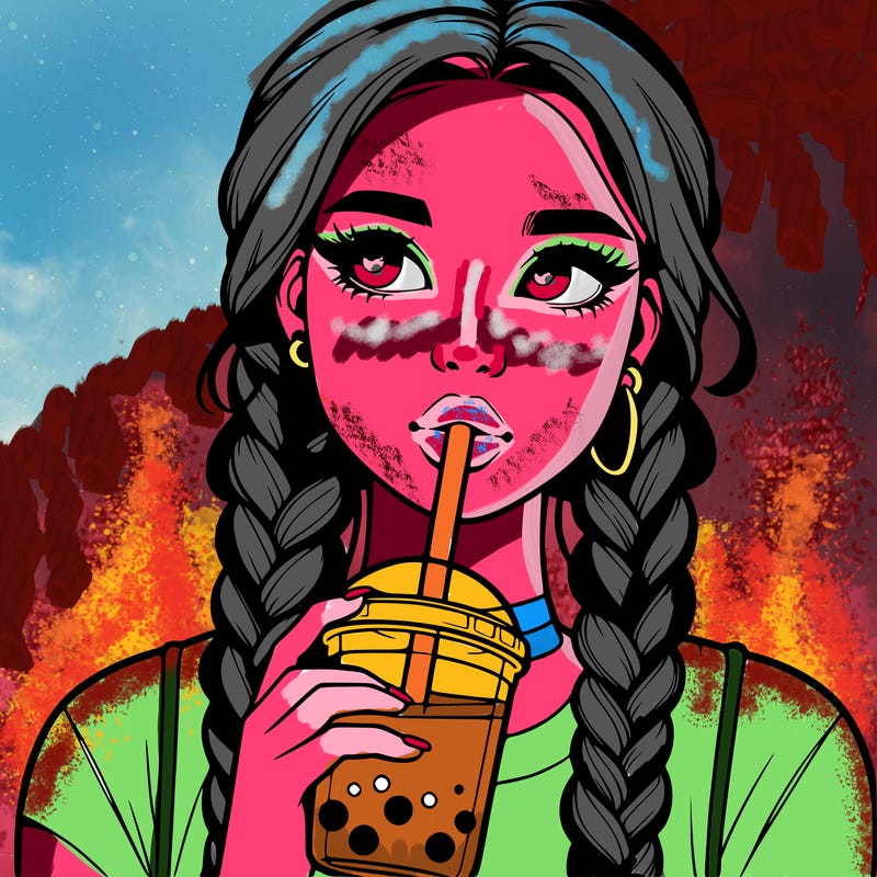 realistic girl with braided hair drinking boba
