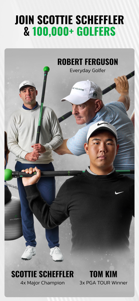 Professional golfers Scottie Scheffler and Tom Kim endorsing GolfForever alongside an everyday golfer