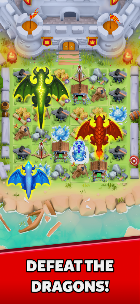 Gameplay screenshot of Match Lord Tower Defense showing three colored dragons attacking a grid of defenses with the text Defeat the Dragons