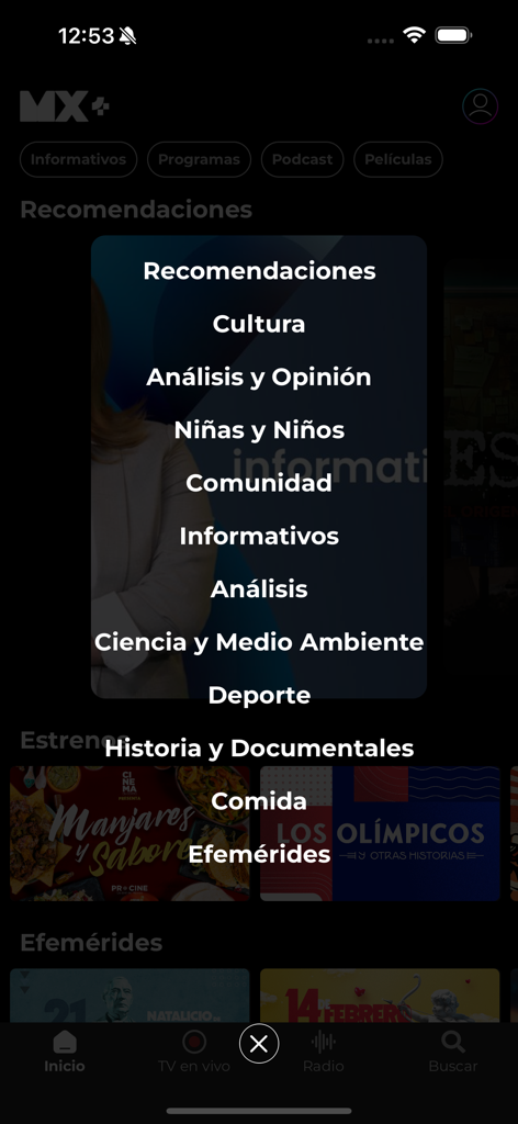 Menú de selección de categorías de la aplicación MXPlus que muestra varias secciones de contenido en español