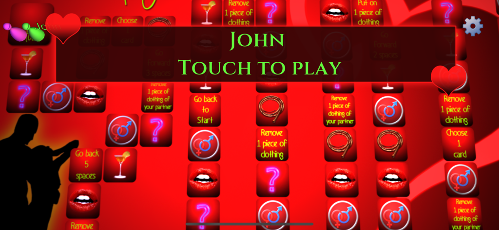Sex Game: Unlimited Pleasure! - Un jeu de société numérique pour couples avec des icônes de défis et de propositions sur fond de cœur rouge.