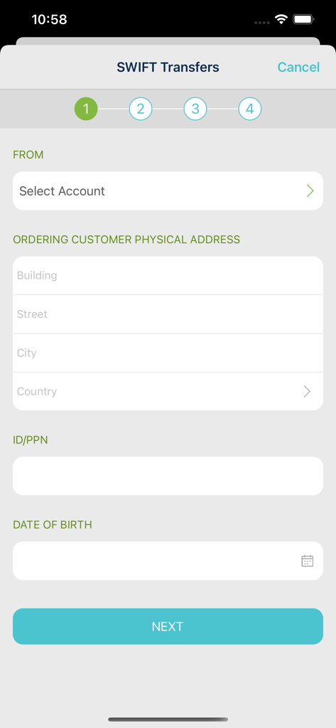 KCB iBank - KCB iBank app interface for initiating a SWIFT international money transfer.