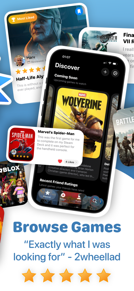 GameBox: Game Collection Log - The GameBox app interface showcasing game discovery features and user reviews for popular titles like Spider-Man and Wolverine