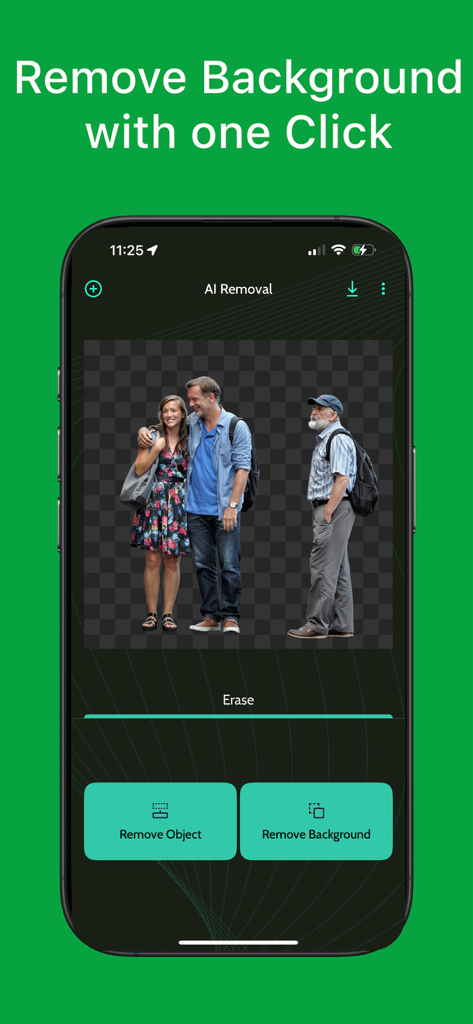 AI Object & Person Remover - スマートフォンの画面に、人物写真のAI背景削除機能が表示されています。