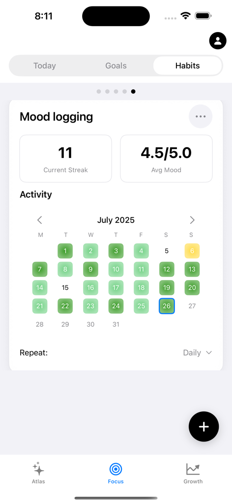 Atlas AI Coach - Interfaz de registro de estado de ánimo de Atlas AI Coach que muestra un calendario de actividad mensual y estadísticas de racha de estado de ánimo