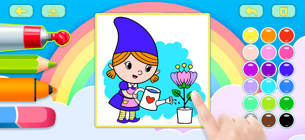 Coloring book Kids Art game - A child coloring a cartoon girl watering a flower using a color palette and art tools in a kids app.