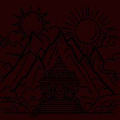 mountain with temple and sun