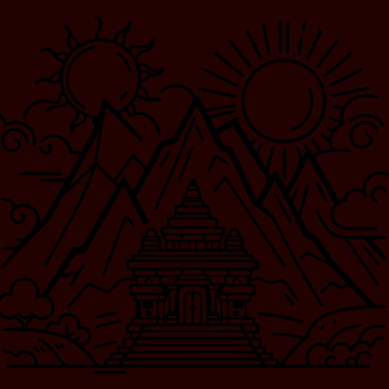 mountain with temple and sun