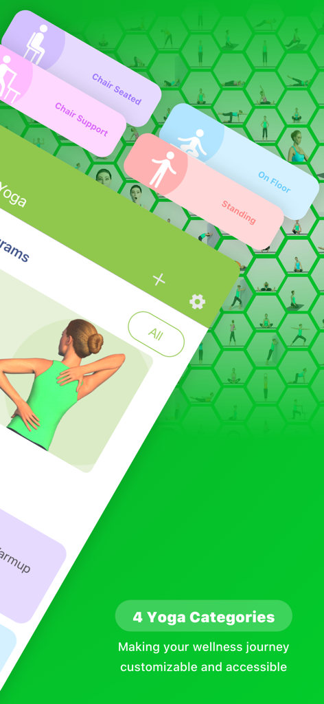 Seniors Yoga @ Graceful Aging - Seniors Yoga app interface showing exercise categories including chair seated and standing routines for accessibility