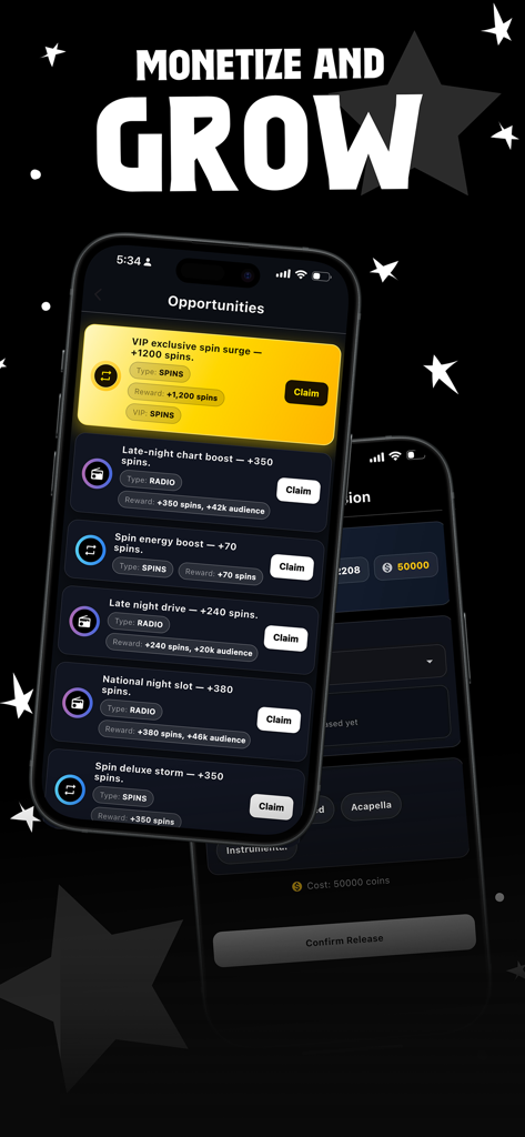 Captura de pantalla de la aplicación del juego musical BeStar que muestra el menú de oportunidades con recompensas por giros y potenciadores de audiencia para hacer crecer una carrera musical