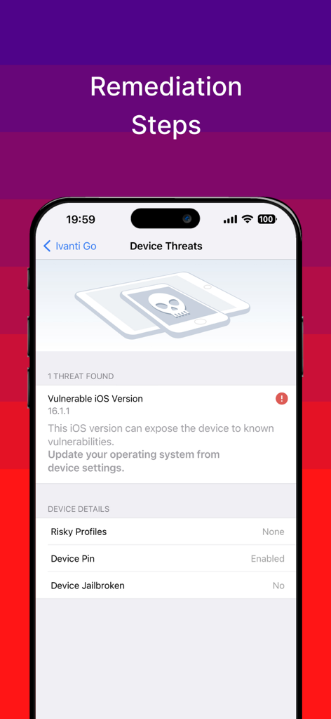 Ivanti Go - Ivanti Goアプリのインターフェイス。iOSデバイスで検出されたセキュリティ脅威の修復手順が表示されています。