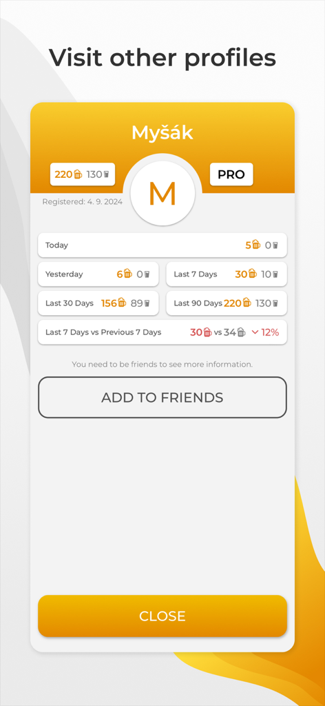 Beer Me In - A profile screen in the Beer Me In app showing beer consumption statistics and an option to add friends