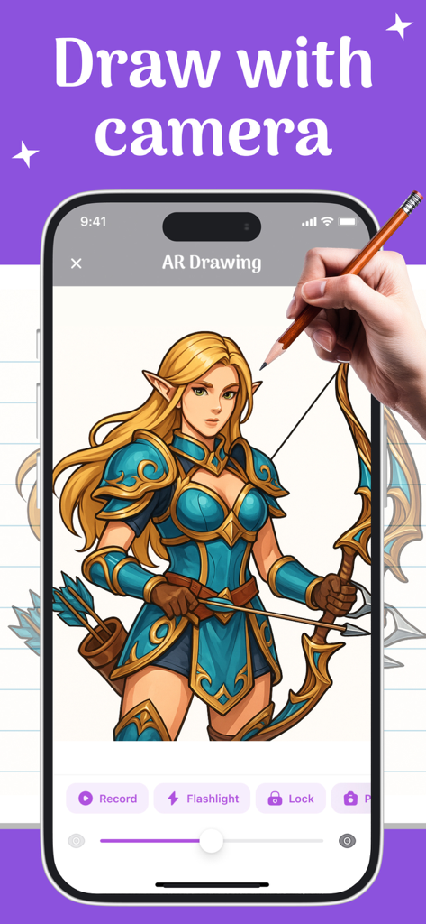 AR Drawing Sketch: Draw, Trace - Una mano calca un personaje de fantasía usando la aplicación AR Drawing Sketch en un iPhone