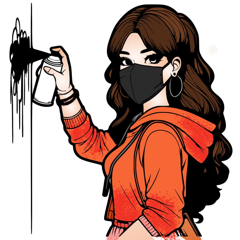 realistic girl with mask spray painting a wall