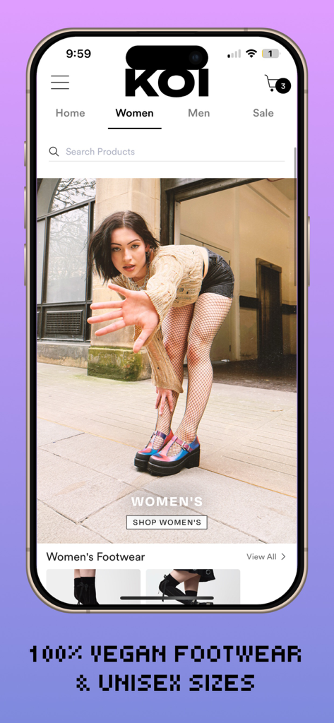 KOI Footwear. - L'interfaccia dell'app KOI Footwear mostra scarpe con plateau vegane alternative da donna.