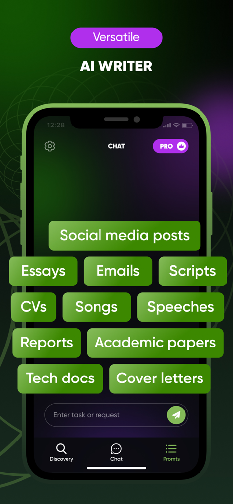 Chat Genius- Ask AI ChatBot - エッセイ、メール、ソーシャルメディア投稿のカテゴリを含むAIライター機能を示すChat Geniusアプリのインターフェース