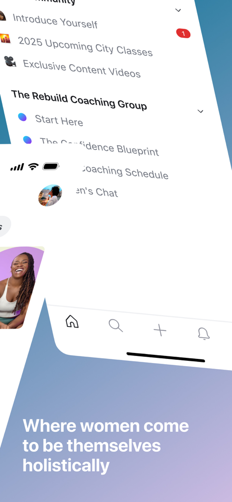 Know Your Norm - A mobile app interface for Know Your Norm showing community forums and wellness coaching groups for women.