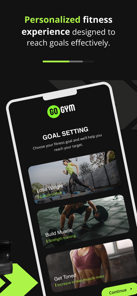 Interface of GoGym app displaying various fitness goals like losing weight and building muscle.