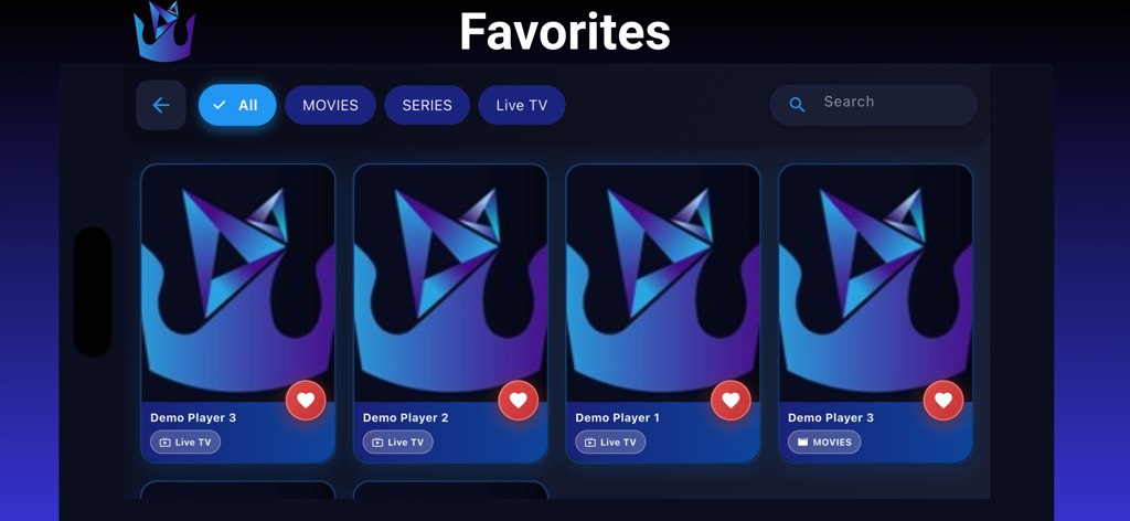 King Stream Player - King Stream Player favorites screen showing a list of saved movies and live TV channels