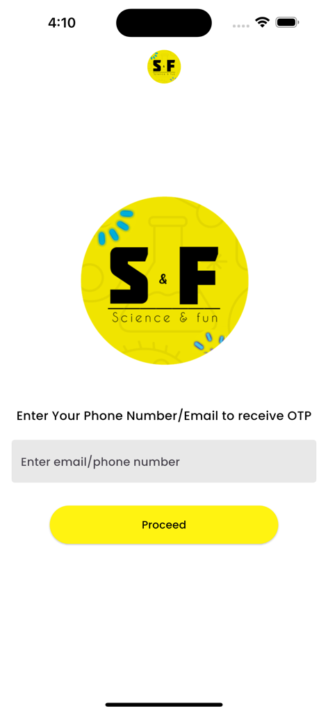 Science And Fun - Login screen of the Science And Fun app showing an input field for email or phone number to receive an OTP and a yellow proceed button.