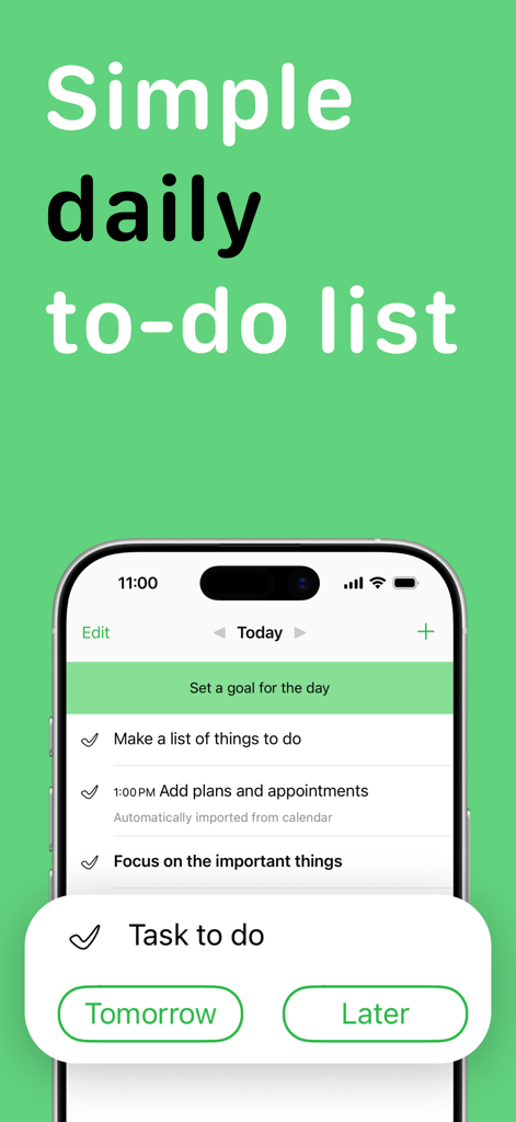 Today: To Do List - Today app interface showing a simple daily to-do list and task postponement options on an iPhone