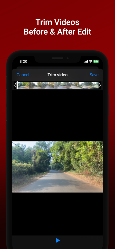 Cutter Merger, Cut, Crop Video - タイムラインと景色の良い道路のプレビューが表示された、動画トリミング機能を示すモバイルアプリケーションインターフェース。