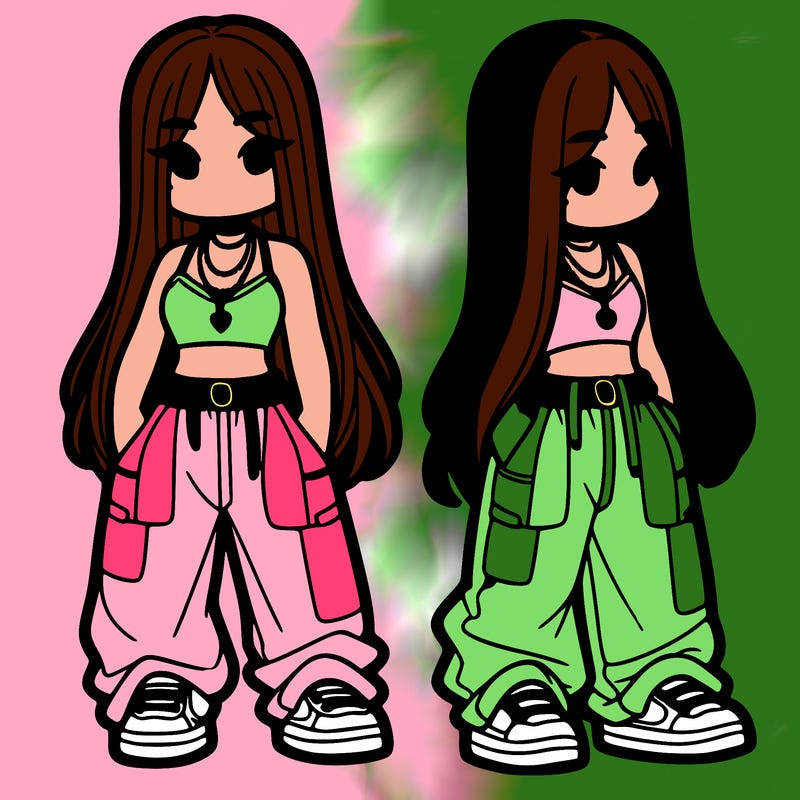 girl in baggy pants crop top and long hair