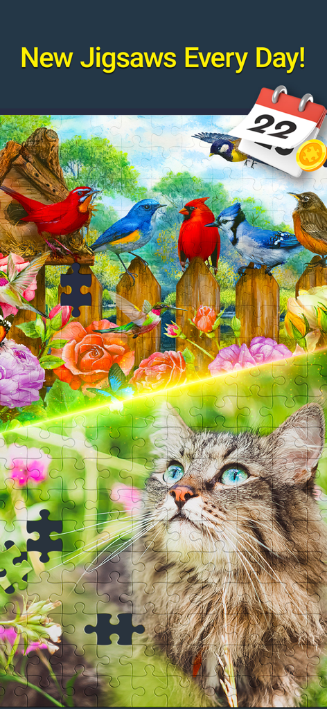 Jigsaw Puzzle Crown for Adults - Digital jigsaw puzzle featuring colorful birds and a fluffy cat with a daily puzzle calendar icon