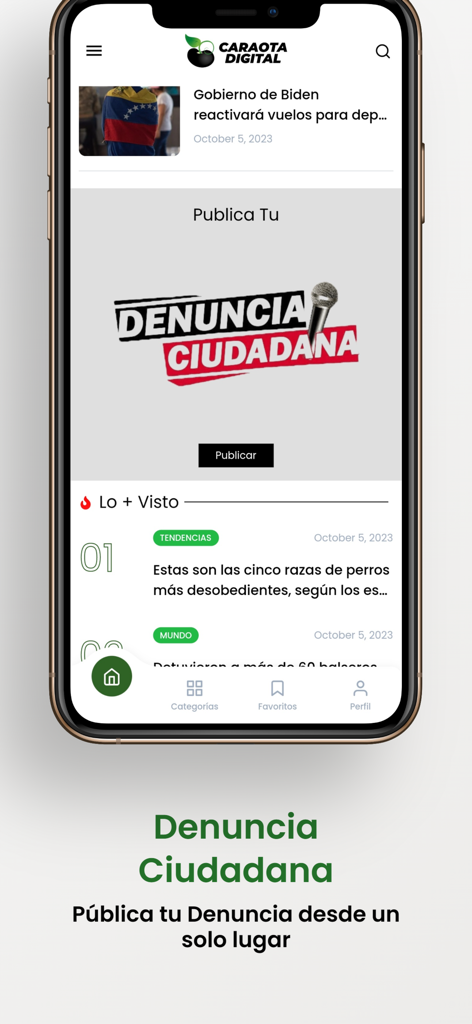 Interfaz de la aplicación de noticias Caraota Digital mostrando la sección de denuncia ciudadana y titulares de tendencia.