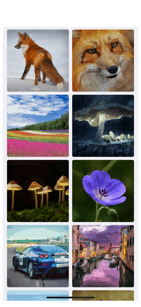 Oil Painting - Color By Number - A gallery of oil painting style digital artworks featuring a fox, flowers, mushrooms, and landscapes.