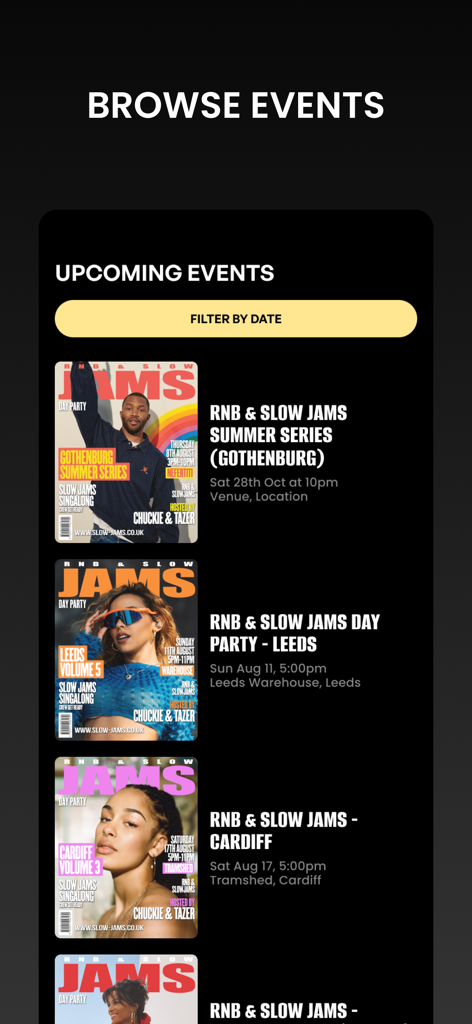 Slow Jams - List of upcoming R&B and Slow Jams events in the app with filtering options