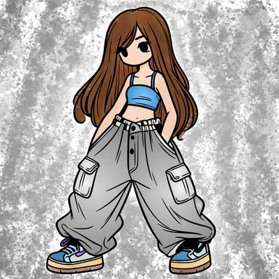 girl in baggy pants, crop top, and long hair