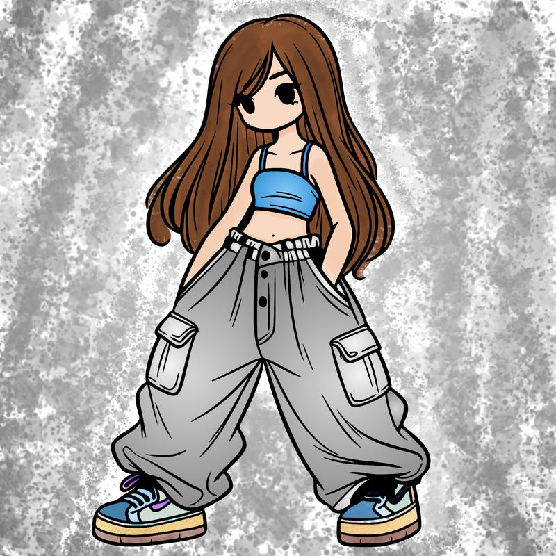 girl in baggy pants, crop top, and long hair