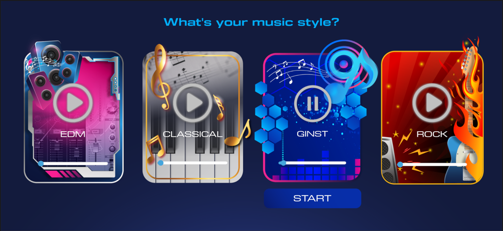 Ginst - Music Game - Music style selection screen in Ginst app featuring EDM Classical and Rock themes