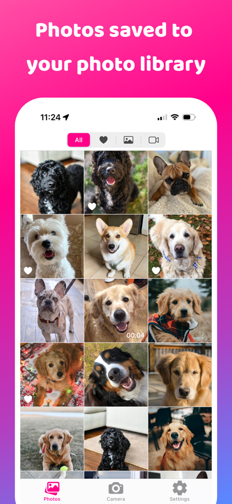 Dog & Pet Translator: DogCam - In-App-Fotobibliothek, die eine Sammlung von Hundebildern zeigt