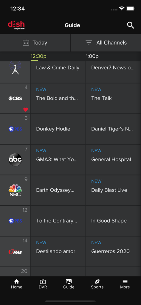 DISH Anywhere - Guía de TV de la aplicación móvil DISH Anywhere que muestra los horarios de canales en vivo y la programación