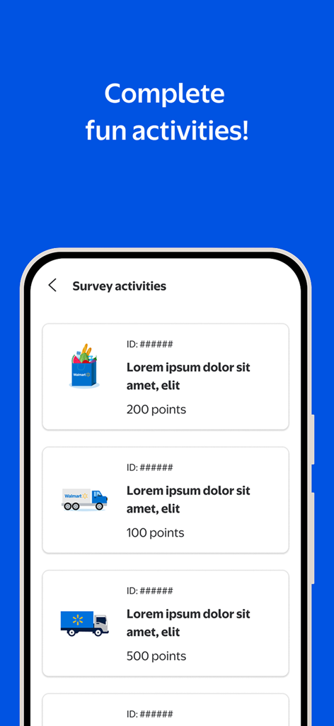 Screenshot of the Customer Spark app showing a list of survey activities and reward points.