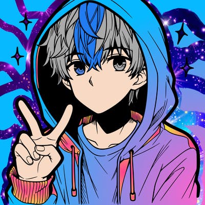 teenage manga boy in a hoodie, doing ✌