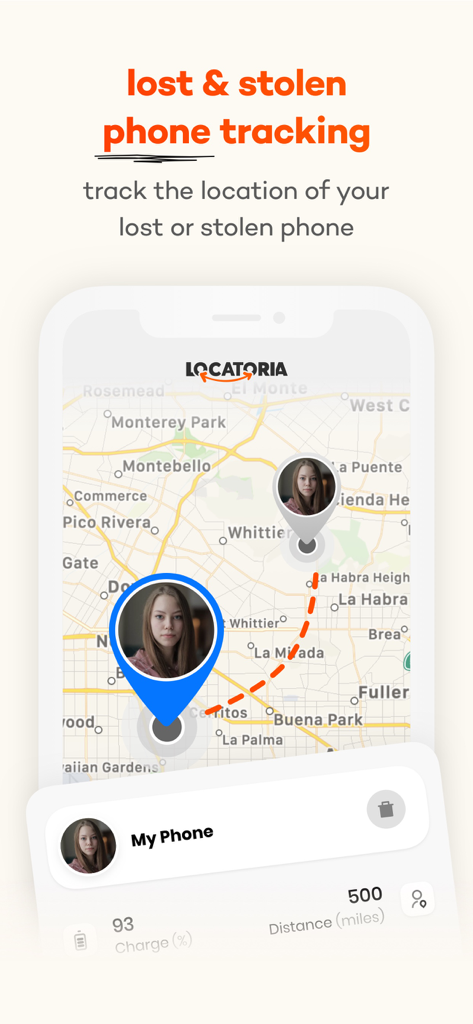 Locatoria - Find Location - Locatoriaアプリの画面、マップパスとバッテリーステータス付きの紛失・盗難電話追跡を表示
