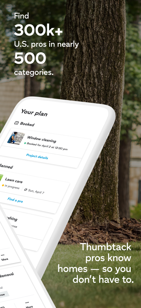 Thumbtack: Home Service Pros - Thumbtack app interface showing a schedule for booked window cleaning and planned lawn care services