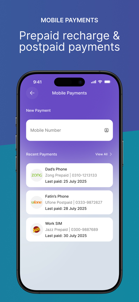 Mobile prepaid recharge and postpaid payments screen in the Raqami Islamic Digital Bank app