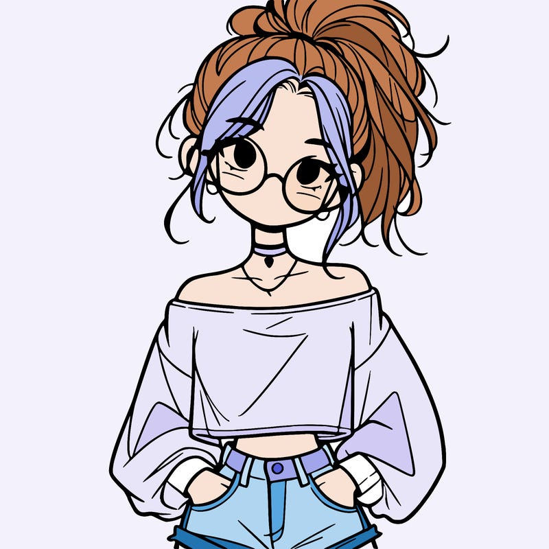 girl with a messy ponytail glasses a baggy crop top and jean shorts